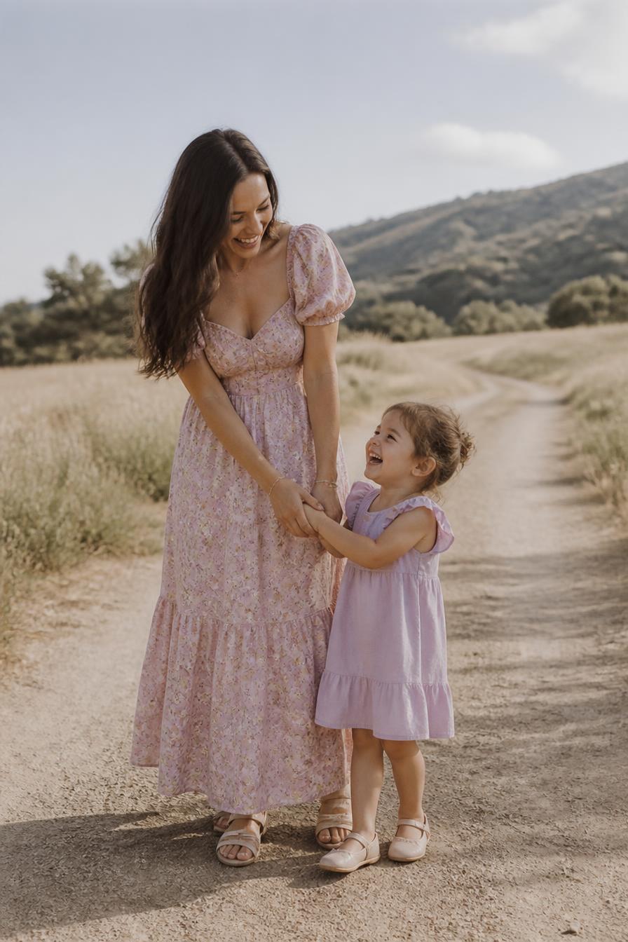 Mamá caminando de la mano con su hija al aire libre